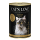 Boîte de nourriture pour chats Cat's Love Senior, présentant un gros plan d'un chat noir et blanc duveteux, étiquetée "Senior 10+ Jahre" et "ENTE" (canard).