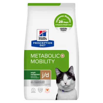 Hill's Prescription Diet METABOLIC + MOBILITY j/d Gewichtsmanagement-Katzenfutter, von Tierärzten empfohlen, schwarz-weiße Katze.