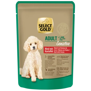 Select Gold Adult Sensitive Hundefutter mit Rind und Kartoffel, getreidefrei, ohne Zuckerzusatz oder Soja, ideal bei Futtermittelunverträglichkeiten.
