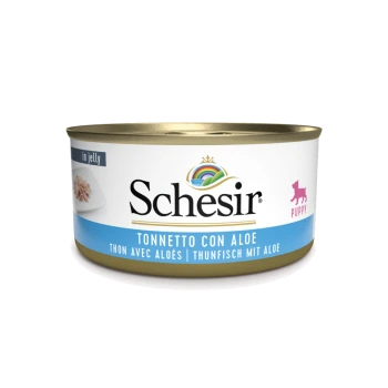 Schesir Welpenfutterdose in Gelee, mit Thunfisch und Aloe, beschriftet in mehreren Sprachen: Italienisch, Französisch und Deutsch.