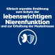 Blaues Etikett: Klinisch getestete Ernährung zum Schutz der Nierenfunktion und zum Erhalt der Muskelmasse, mit Nieren- und Schild-Symbol
