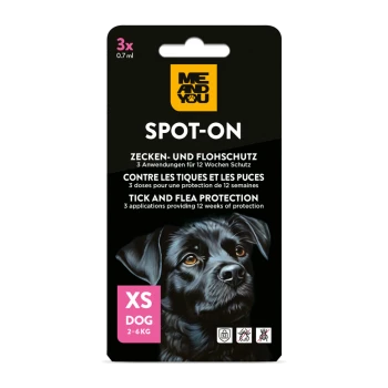 Verpackung: ME AND YOU SPOT-ON Zecken- und Flohschutz, XS Hund 2–6 kg, 3 x 0,7 ml, Abbildung: schwarzes Hundeportrait
