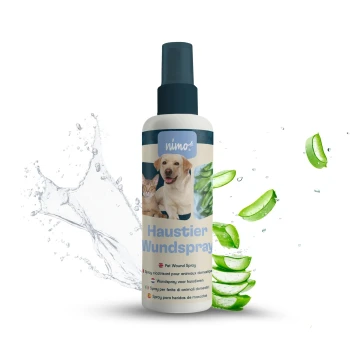 Haustier-Wundsprayflasche mit einem Hund und einer Katze, mit Wasserspritzern und Aloe Vera. Der Text lautet 'Haustier Wundspray' in mehreren Sprachen.