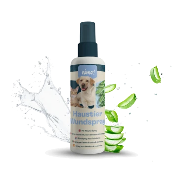 Haustier-Wundsprayflasche mit einem Hund und einer Katze, mit Wasserspritzern und Aloe Vera. Der Text lautet 'Haustier Wundspray' in mehreren Sprachen.