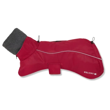 Roter Hundemantel mit grauem Fleecekragen, reflektierenden Paspeln, Bauchriemen und 'WOLTERS'-Logo.