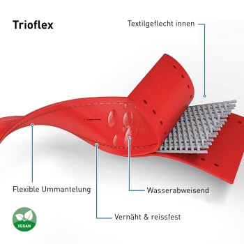 Rotes Tierpflegewerkzeug mit strukturiertem Griff, mit "Flexible Ummantelung," "Wasserabweisend," "Vernäht & reißfest," und als vegan gekennzeichnet.