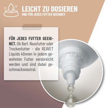 Pipette gibt zwei Tropfen ab; deutscher Text: 'LEICHT ZU DOSIEREN' und 'FÜR JEDES FUTTER GEEIGNET'.