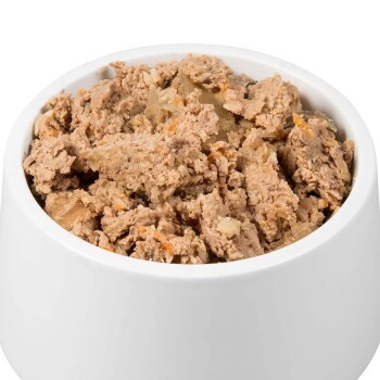 Eine weiße Futterschüssel für Haustiere, gefüllt mit feuchtem, stückigem Katzenfutter, das eine Mischung aus Fleisch und Gemüse enthält.