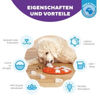 Ein flauschiger weißer Hund spielt mit einem orangefarbenen Puzzle-Futterspender, der die Vorteile der einfachen Reinigung, der Angstlinderung und der geistigen Anregung hervorhebt.