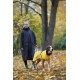 Eine Person in einem schwarzen Regenmantel führt einen Hund, der einen leuchtend gelben Regenmantel trägt, auf einem mit Herbstblättern bedeckten Weg.