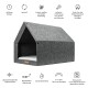 Grau gefüttertes Haustierhaus aus Filz mit einer abnehmbaren Matratze, mit Symbolen, die sein zeitloses Design, seine Recyclingfähigkeit und einfache Reinigung hervorheben.