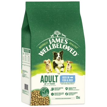 James Wellbeloved Adult dog food bag, rich in fish & rice, hypoallergenic, 12kg, for dogs 1-7 years, supports digestion, skin, immune system.
