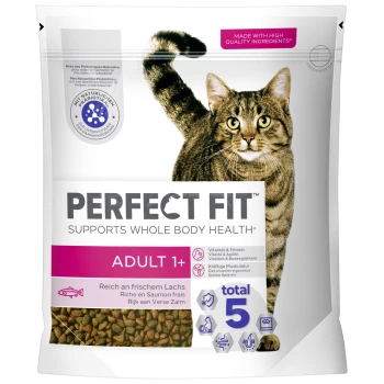 Katzenfutterverpackung mit einer getigerten Katze, beschriftet mit "Perfect Fit" und "Unterstützt die Gesundheit des gesamten Körpers", "Erwachsene 1+" und "Reich an frischem Lachs."