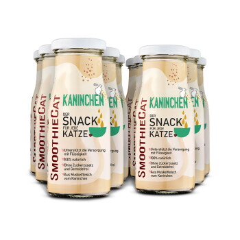 SmoothieCat Kaninchen-Snack für Katzen, mit mehreren Glasflaschen. Der Text enthält "Der Snack für jede Katze" und "100% natürlich."