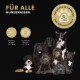 Bild von verschiedenen Hunderassen mit dem deutschen Text "Für alle Hunderassen" und Ernährungsrichtlinien für Hunde, einschließlich Dosierungsinformationen.