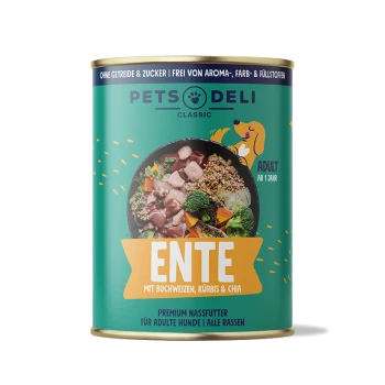 Dose mit Premium-Hundefutter, beschriftet mit "ENTE", das Ente mit Buchweizen, Kürbis und Chia enthält, geeignet für erwachsene Hunde.