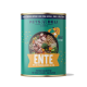 Dose mit Premium-Hundefutter, beschriftet mit "ENTE", das Ente mit Buchweizen, Kürbis und Chia enthält, geeignet für erwachsene Hunde.