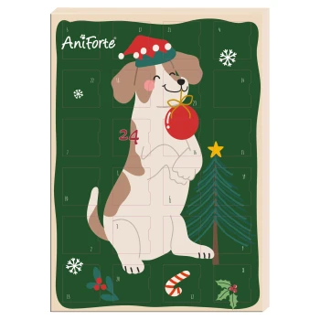 Ein festlicher hundethemen Adventskalender mit einem verspielten Hund in einem grünen Pullover, mit dem Text "paw-some christmas" und "AniForte."