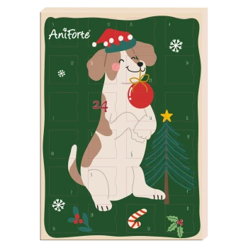 Ein festlicher hundethemen Adventskalender mit einem verspielten Hund in einem grünen Pullover, mit dem Text "paw-some christmas" und "AniForte."