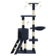 Katzenbaum in Schwarz und Beige mit mehreren Ebenen, einem gemütlichen Versteck, einer Hängematte und herabhängenden Spielzeugmäusen.