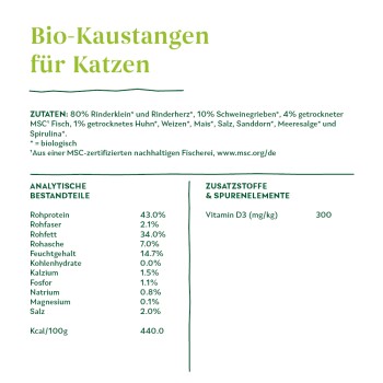 L'emballage des Bio-Kaustangen pour chats montre les ingrédients : 80% de bœuf, 10% de porc, 4% de poisson MSC, plus une analyse nutritionnelle.