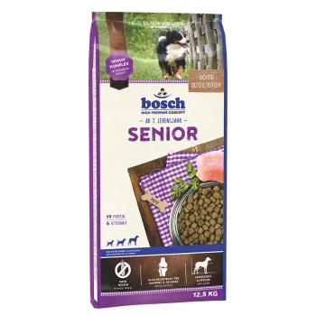 Bosch Senior Hundefutterverpackung, mit einem schwarz-weißen Hund, mit Text, der "Senior" für Hunde über 7 Jahre, 19% Protein und 6% Fett hervorhebt.