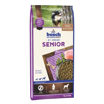 Bosch Senior Hundefutterverpackung, mit einem schwarz-weißen Hund, mit Text, der "Senior" für Hunde über 7 Jahre, 19% Protein und 6% Fett hervorhebt.
