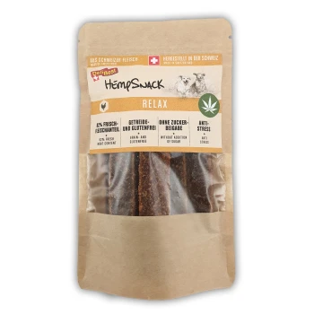 HempSnack Relax Hundeleckerlis in einem wiederverschließbaren Beutel, mit 82% frischem Fleisch, ohne Getreide und Gluten, ohne Zuckerzusatz und mit Anti-Stress-Vorteilen.
