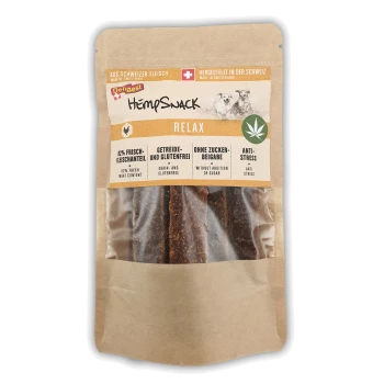 HempSnack Relax Hundeleckerlis in einem wiederverschließbaren Beutel, mit 82% frischem Fleisch, ohne Getreide und Gluten, ohne Zuckerzusatz und mit Anti-Stress-Vorteilen.