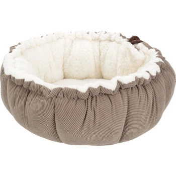 Gemütliches rundes Haustierbett mit einem weichen cremefarbenen Innenraum und strukturiertem braunem Außenmaterial, entworfen für kleine Tiere.