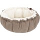 Cozy round pet bed with a soft cream interior and textured brown exterior, designed for small animals.