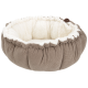 Cozy round pet bed with a soft cream interior and textured brown exterior, designed for small animals.