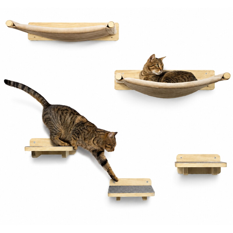 WOOWOOD® 2X Kletterwand Katzen - 3X Katzentreppe Wand- Kratzbaum Wand - Hängematte Katze - Wandkratzbaum - Katzenmöbel - Katzenwand - Katzen...