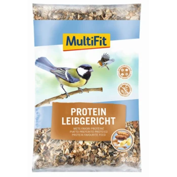 Emballage de nourriture pour oiseaux MultiFit Protein, 1 kg, présentant une mésange bleue et un petit oiseau sur une branche, avec des allégations nutritionnelles et des ingrédients.