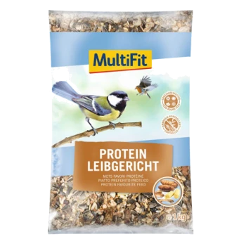 MultiFit Protein bird feed package, 1kg, featuring a blue tit and a small bird on a branch, with nutritional claims and ingredients.