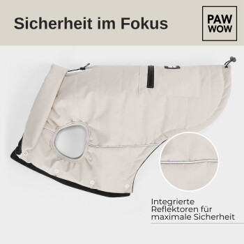 Ein leichter Hundemantel mit reflektierenden Besätzen, einem Kopfloch und einer Reißverschlusstasche, gekennzeichnet für Sicherheit und integrierte Reflektoren.