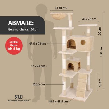 Katzenbaum mit den Abmessungen: Gesamthöhe 150 cm, ideal für Katzen bis 5 kg, mit mehreren Plattformen und Kratzpfosten.