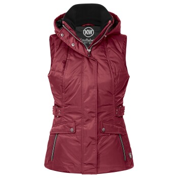 Bordeauxfarbener ärmelloser Puffer-Weste mit Kapuze, mit einem Reißverschluss vorne, zwei Seitentaschen und verstellbaren Taillenriemen.