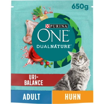 Verpackung von Purina ONE Dual Nature Katzenfutter, 650g, mit einer grauen Katze, Hühnerstücken und roten Zutaten, gekennzeichnet mit 'URI-BALANCE', 'ADULT' und 'HUHN.'