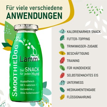 Grüne SmoothieDog Lamm-Flasche mit der Aufschrift 'Der Snack für jeden Hund' unter der Überschrift 'Für viele verschiedene Anwendungen'