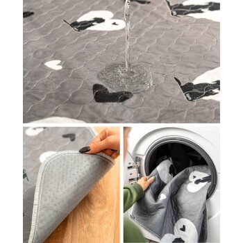 Wasserdichte graue Haustiermatte mit schwarz-weißen Hundemotiven, rutschfester Unterseite und maschinenwaschbar in einer Frontlader-Waschmaschine.