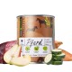 Dose mit Pferdefutter, beschriftet mit "Pferd", mit Zutaten wie Zucchini, Süßkartoffel und Birne, mit einem Fleischanteil von 71%.