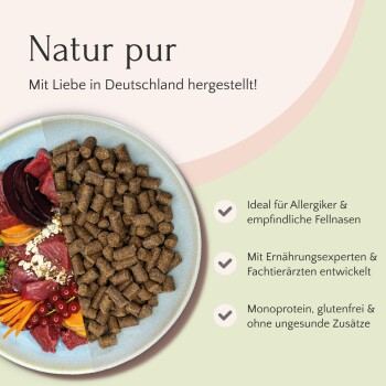 Teller zeigt halb rohe Zutaten und halb trockene Haustierfutterpellets, mit deutschem Text über natürliches, allergenfreies Haustierfutter made in Germany.