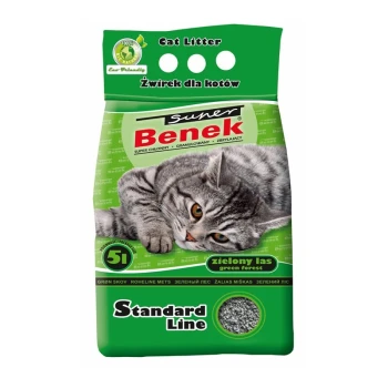 Zielona i biała torba żwirku dla kotów Benek z szarym kotem tabby, oznaczona "Super," "Standard Line," oraz "5L Green Forest."