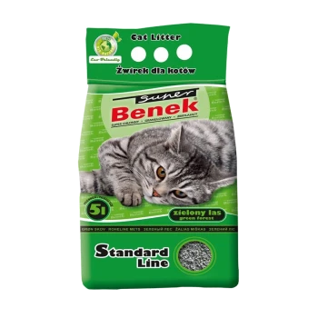 Zielona i biała torba żwirku dla kotów Benek z szarym kotem tabby, oznaczona "Super," "Standard Line," oraz "5L Green Forest."