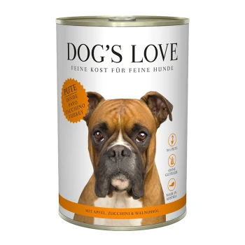 Dosen-Hundefutter mit der Aufschrift "DOG'S LOVE," mit Truthahn als Hauptzutat, ergänzt mit Apfel, Zucchini und Walnussöl.