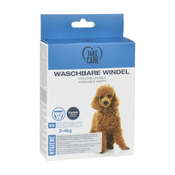 Opakowanie na zmywalną pieluchę dla psa, z pudlem, z tekstem 'WASCHBARE WINDEL' i opcjami rozmiarów XS do XL dla psów 2-4 kg.