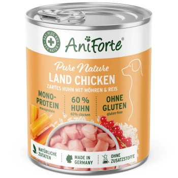 Dose AniForte Pure Nature Land Huhn Haustierfutter mit Etiketten "60% Huhn," "glutenfrei," und "mono-Protein," neben rohem Huhn und Gemüse.