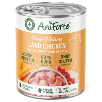 Dose AniForte Pure Nature Land Huhn Haustierfutter mit Etiketten "60% Huhn," "glutenfrei," und "mono-Protein," neben rohem Huhn und Gemüse.