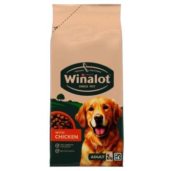 Winalot 2kg dog food bag, With Chicken (Adult), features a golden retriever, kibble image and "100% complete & balanced" text.